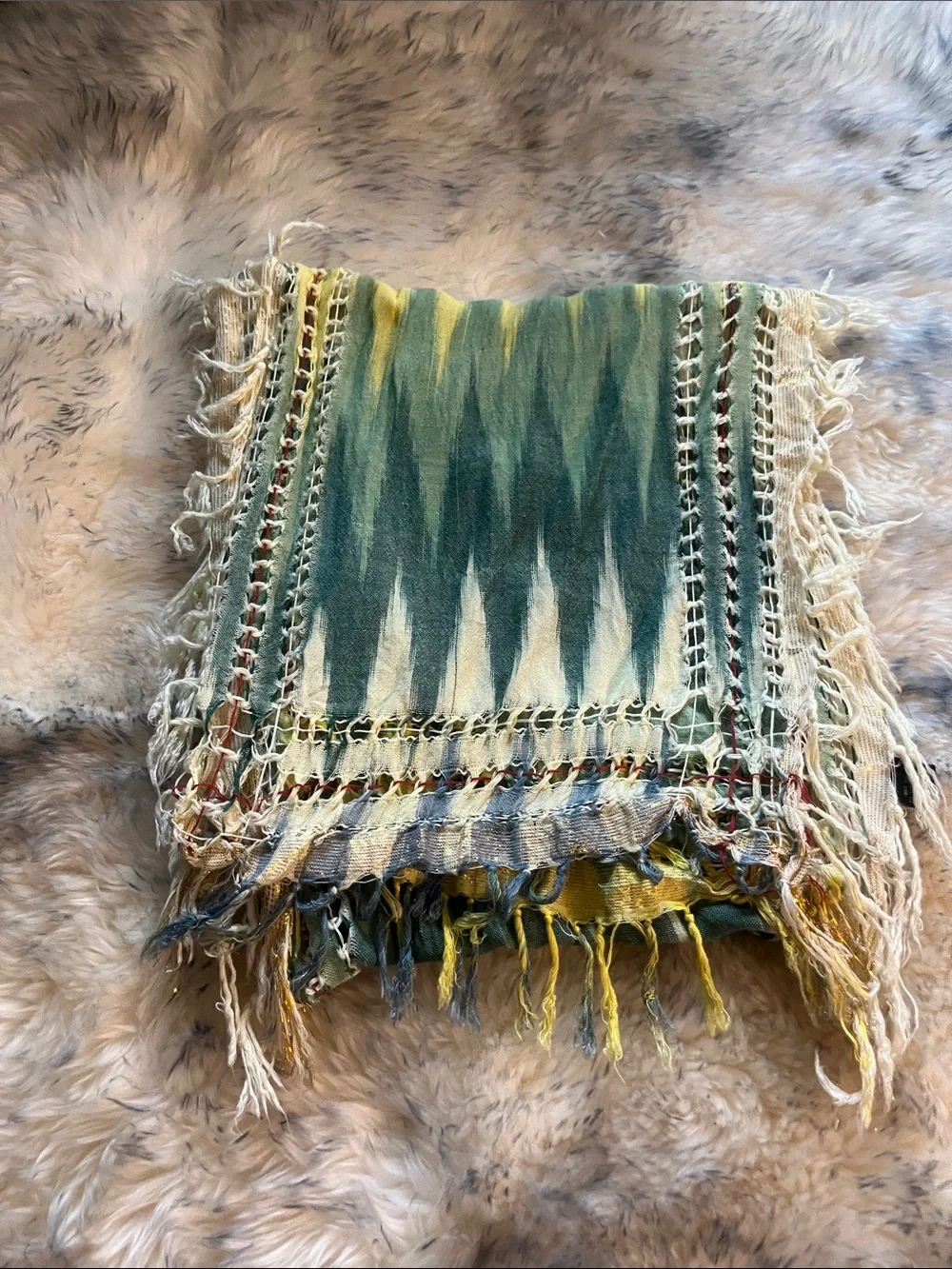 GORGEOUS Fringed Green and Yellow Boho Scarf